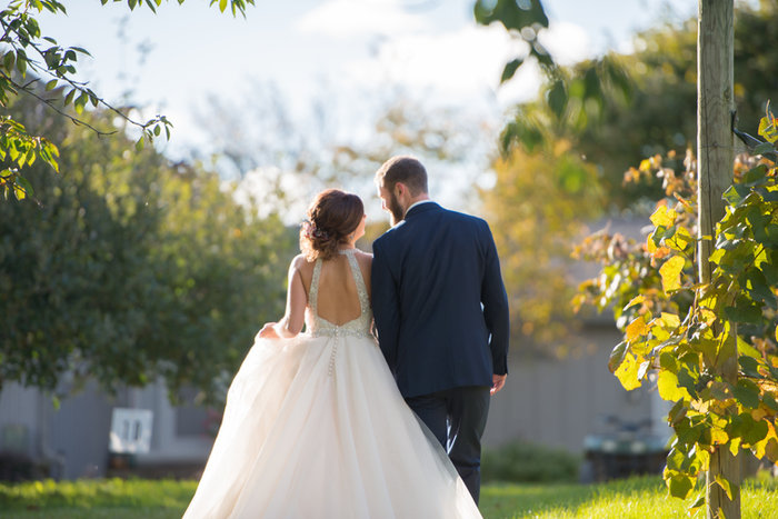 Sara and Nick walking together beneath a tree, seen from behind.