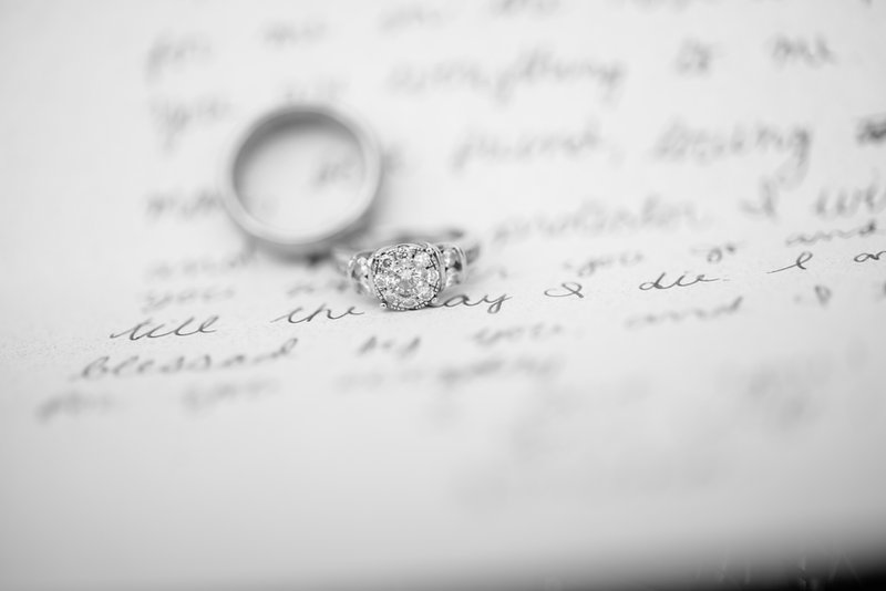 Wedding rings resting on a handwritten vow letter, photographed in black and white.